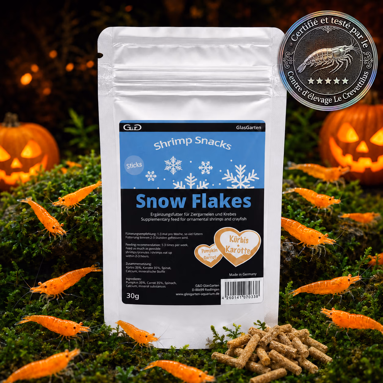 Shrimp Snack Snow Flakes Carotte et Citrouille GlasGarten avec crevettes Orange Sunkist – Le Crevettilus