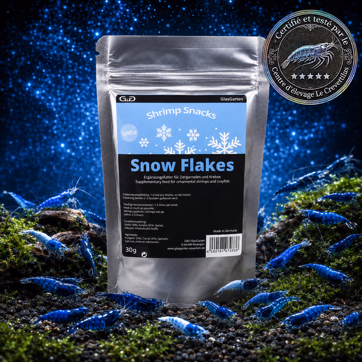Shrimp Snack Snow Flakes Nourriture Polyvalente GlasGarten avec crevettes bleues – Le Crevettilus