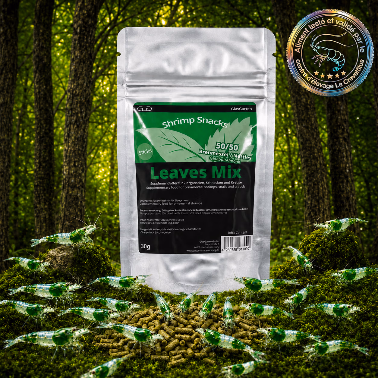 Shrimp Snacks Leaves Mix ortie et noyer GlasGarten avec crevettes Green Rili – Le Crevettilus